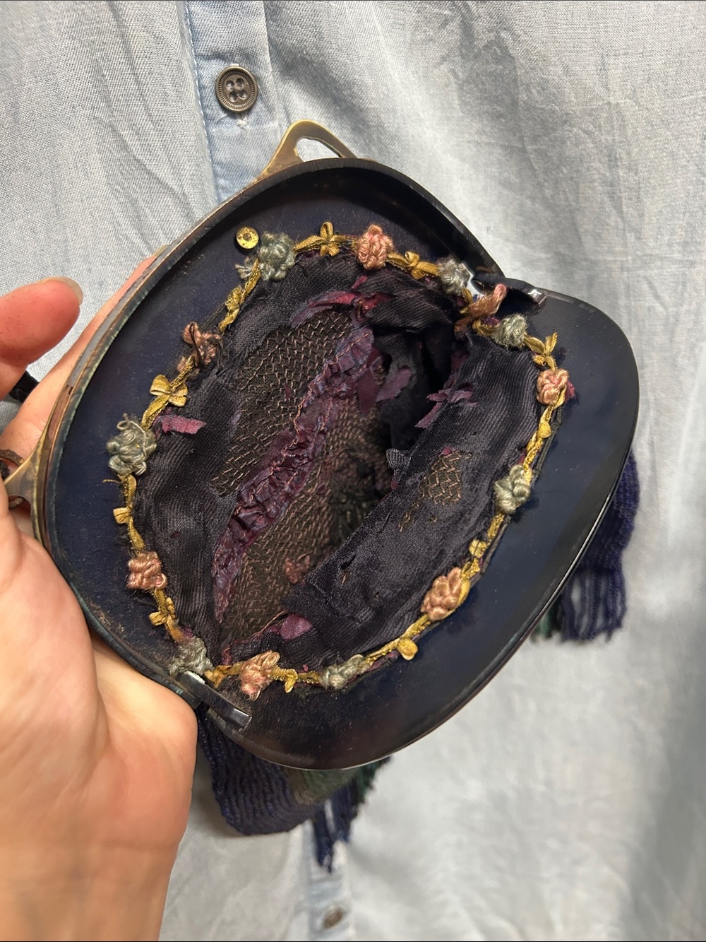 Vintage Beaded Floral Fringe Handbag in Navy, Green, Orange - Picture 7 of 10